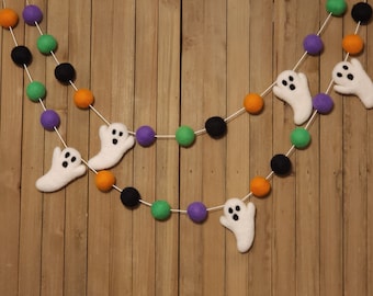 Ghost Halloween Felt Ball Garland, Spooky Mantel Decoration, Purple, Green, Orange and Black Wool Pom Poms