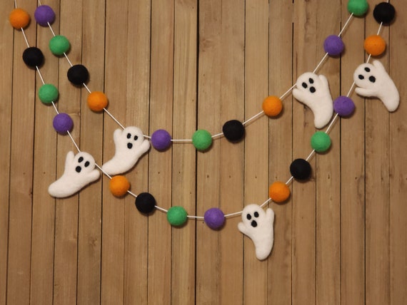 Ghost Halloween Felt Ball Garland, Spooky Mantel Decoration, Purple, Green, Orange and Black Wool Pom Poms