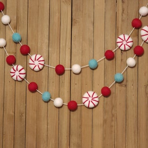 Peppermint Felt Ball Garland, Christmas Tree Decoration, Holiday Mantel Decor, Red, White, and Aqua Wool Pom Poms