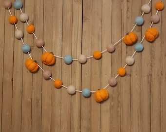 Autumn Pumpkin Felt Ball Garland, Fall Mantel Decor, Thanksgiving Holiday Decoration, Orange, Cream and Beige Wool Pom Poms