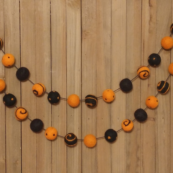 Swirls and Dots Orange and Black Felt Ball Garland, Halloween Decor