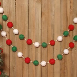 Classic Christmas Felt Ball Garland, Tree Decoration, Holiday Mantel Decor, Red, White, and Green Wool Pom Poms