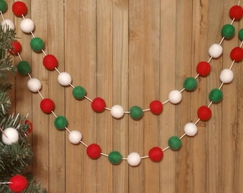Classic Christmas Felt Ball Garland, Tree Decoration, Holiday Mantel Decor, Red, White, and Green Wool Pom Poms