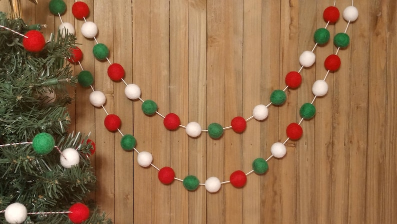 Classic Christmas Felt Ball Garland, Tree Decoration, Holiday Mantel Decor, Red, White, and Green Wool Pom Poms