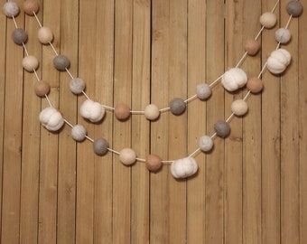 Rustic Farmhouse Pumpkin Felt Ball Garland, Country Mantel Fall Decor, Neutral Thanksgiving Decoration, Cream Beige and Gray Wool Pom Poms