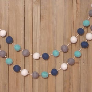 Navy Blue Aqua White and Gray Felt Ball Garland, Boy Nursery Decor, Baby Shower Decorations, Little Boys Room