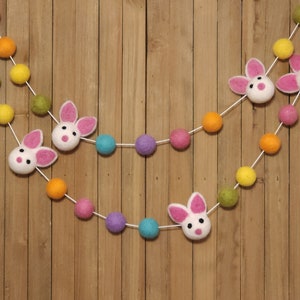 Easter Bunny Felt Ball Garland, Pink, Tangerine, Yellow, Citrus, Aqua, and Lavender Wool Pom Poms, Bright Spring Holiday Party Mantel Decor