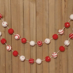 Candy Cane Felt Ball Garland, Christmas Tree Decoration, Holiday Mantel Decor, Swirls and Dots Red and White Wool Pom Poms