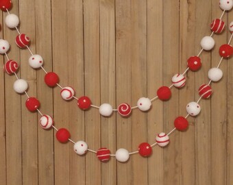 Candy Cane Felt Ball Garland, Christmas Tree Decoration, Holiday Mantel Decor, Swirls and Dots Red and White Wool Pom Poms