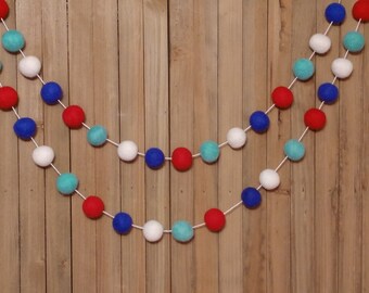 Fourth of July Felt Ball Garland, Red, White, Aqua, and Blue, USA Patriotic Decorations