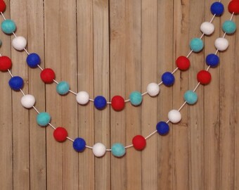 Fourth of July Felt Ball Garland, Red, White, Aqua, and Blue, USA Patriotic Decorations