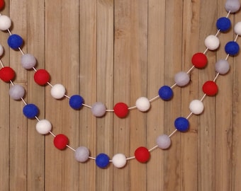 July 4th Felt Ball Garland, Red, White, Blue, and Silver, Memorial Day Decorations