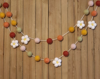 Garden Daisy Felt Ball Garland, Girl Nursery Decor, Boho Girls Room, Terracotta, Coral, Mustard, Sage, and Blush Pom Poms and Spring Flowers