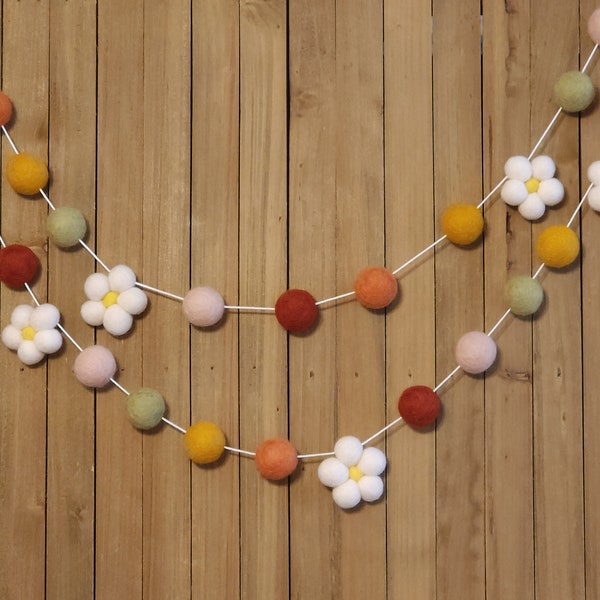 Garden Daisy Felt Ball Garland, Girl Nursery Decor, Boho Girls Room, Terracotta, Coral, Mustard, Sage, and Blush Pom Poms and Spring Flowers