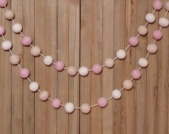 Pink and Cream Felt Ball Garland, Girl Nursery Decor, Baby Shower Decorations, Little Girls Room