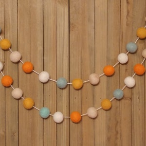 Pumpkin Spice Felt Ball Garland, Fall Decor, Autumn Mantel Decoration, Orange, Cream, Mustard and Mint Wool Pom Poms