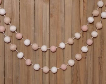 Blush White and Cream Felt Ball Garland, Girl Nursery Decor, Baby Shower Decorations, Wedding Bridal Shower, Little Girls Room
