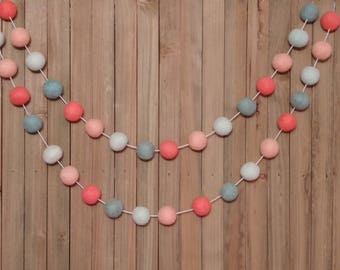 Coral Mint and Peach Felt Ball Garland, Girl Nursery Decor, Baby Shower Decorations, Little Girls Room