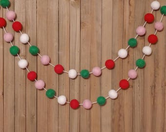 Red Pink and Green Felt Ball Garland, Christmas Tree Decoration, Holiday Mantel Decor