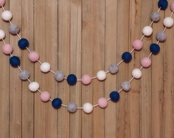 Navy Blue Pink and Gray Felt Ball Garland, Girl Nursery Decor, Baby Shower Decorations, Little Girls Room