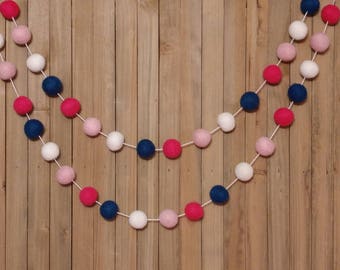 Navy Blue Pink and White Felt Ball Garland, Girls Room Wall Decoration