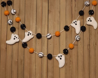 Spooky Ghost Halloween Felt Ball Garland, Ghouls Mantel Decoration, Swirl and Polka Dot Black and White with Orange Wool Pom Pom