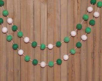 Green and White Felt Ball Garland, St. Patrick's Day Decor, Holiday Party Mantel Decoration