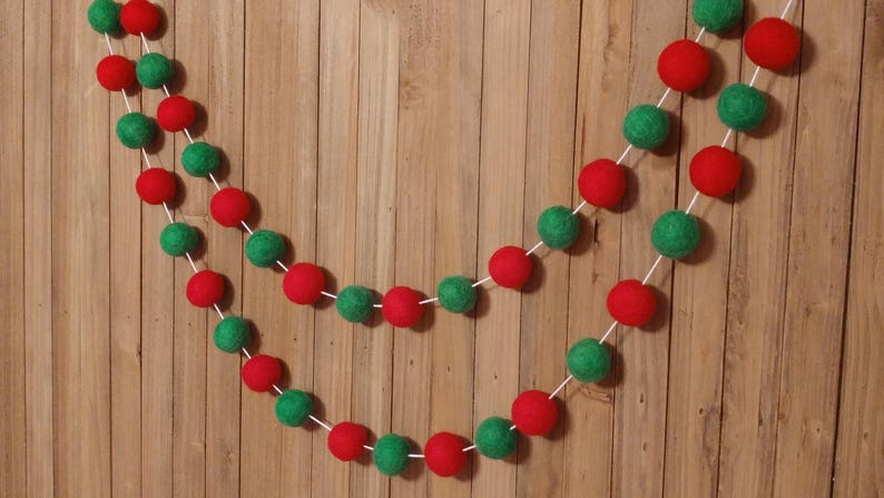 Classic Christmas Felt Ball Garland, Tree Decoration, Holiday Mantel Decor, Red and Green Wool Pom Poms image 2