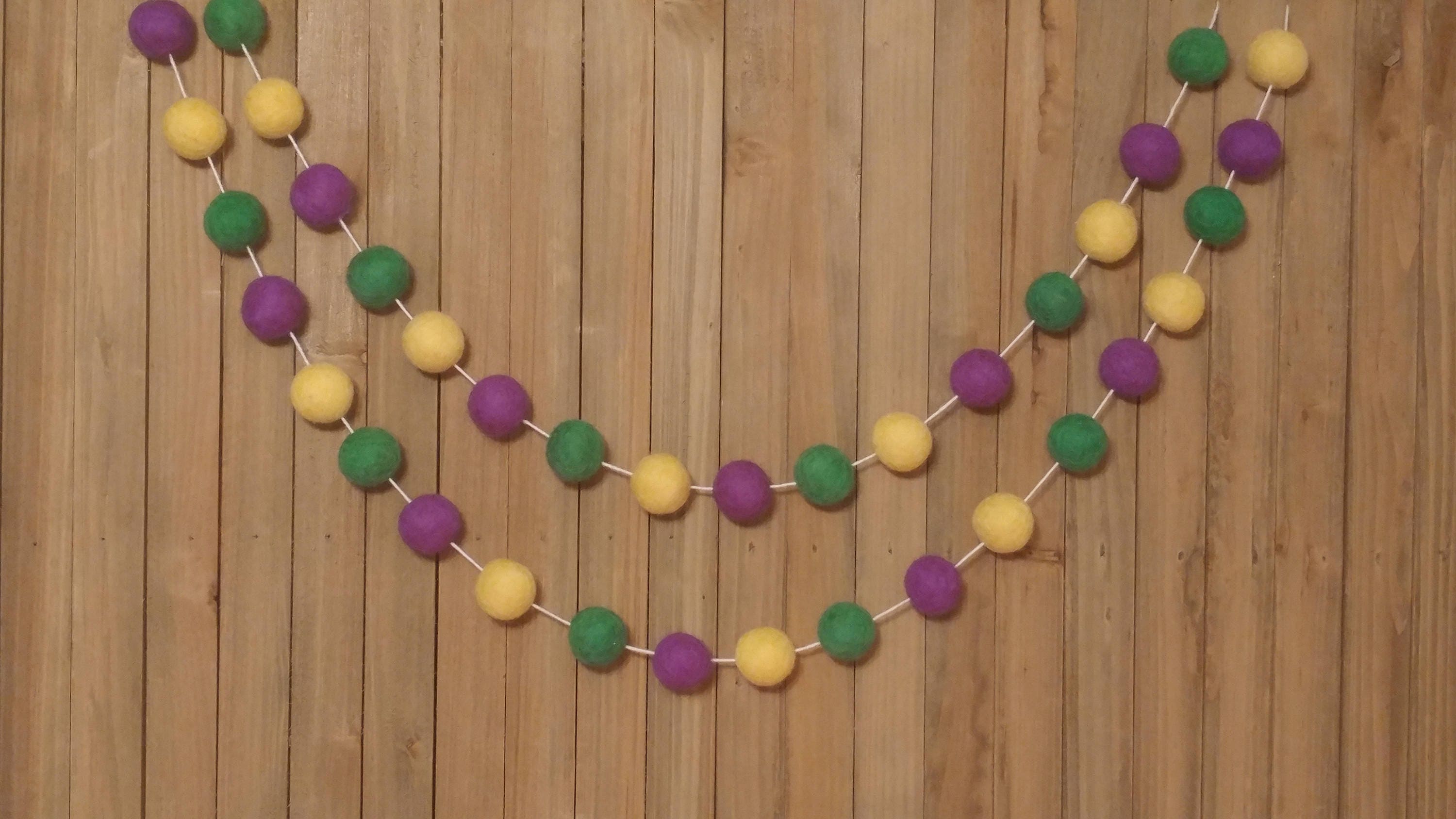 Mardi Gras Felt Ball Garland, Purple, Yellow, and Green Wool Pom Poms, Holiday Party Mantel Decor
