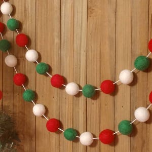 Classic Christmas Felt Ball Garland, Tree Decoration, Holiday Mantel Decor, Red, White, and Green Wool Pom Poms image 2