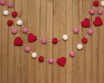 Valentine's Day Felt Ball Garland, Red Hearts, Rose Pink, Red and White Wool Pom Poms, Holiday Party Mantel Decor