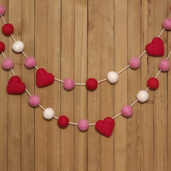 Valentine's Day Felt Ball Garland, Red Hearts, Rose Pink, Red and White Wool Pom Poms, Holiday Party Mantel Decor