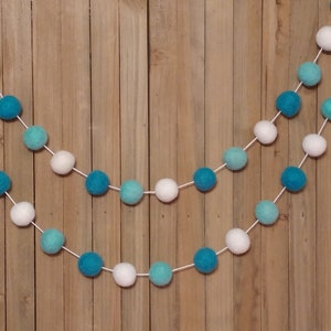 Ombre Aqua Teal and White Felt Ball Garland, Nursery Decor, Baby Shower Decorations, Birthday Party, Little Girls Room