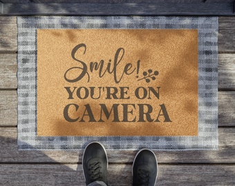 Smile! You're On Camera, Funny Doormat, Cheeky Doormat, Housewarming Gift, Home Decor, Funny Gift, Gift for the Home