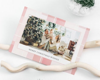 Blush Pink Plaid Christmas Card, Minimalist Holiday Greeting Cards, Photographer Christmas Templates, Holiday Photo Card, Photoshop Card