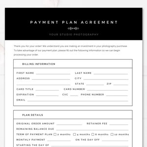 Modern Black & White Photography Payment Plan Form, Invoice Template for Photographers, Photoshop and MS Word template, INSTANT DOWNLOAD!