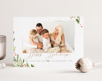 Greenery Christmas Photo Card Template, Merry Christmas Card, Canva Holiday Cards, Photoshop Template, Edit in Canva INSTANT DOWNLOAD!