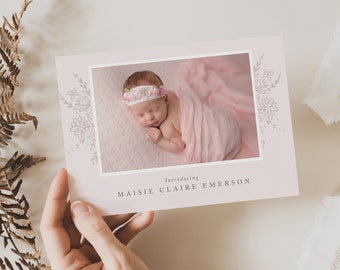 Modern Floral Baby Girl Announcement, Birth Announcement Template, Newborn Announcement, Photoshop Template, INSTANT DOWNLOAD!