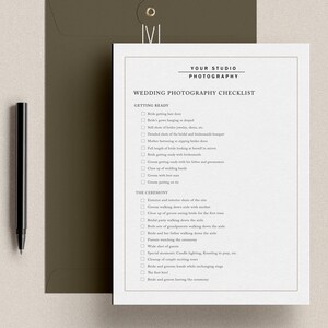 Editable wedding photography shot list template with organized sections for pre-ceremony, ceremony, family portraits, and reception moments, featuring clean typography, checkboxes, and space for notes.