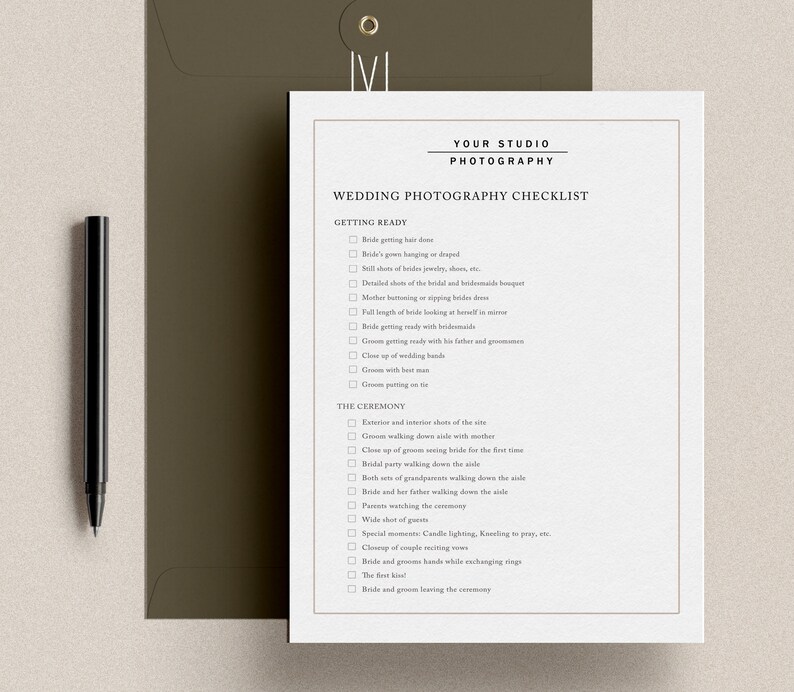 Editable wedding photography shot list template with organized sections for pre-ceremony, ceremony, family portraits, and reception moments, featuring clean typography, checkboxes, and space for notes.