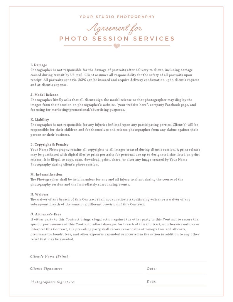 Session Contract Template for Photographer, Photography Contract, Templates for Photographers, Photoshop & MS Word, INSTANT DOWNLOAD image 4