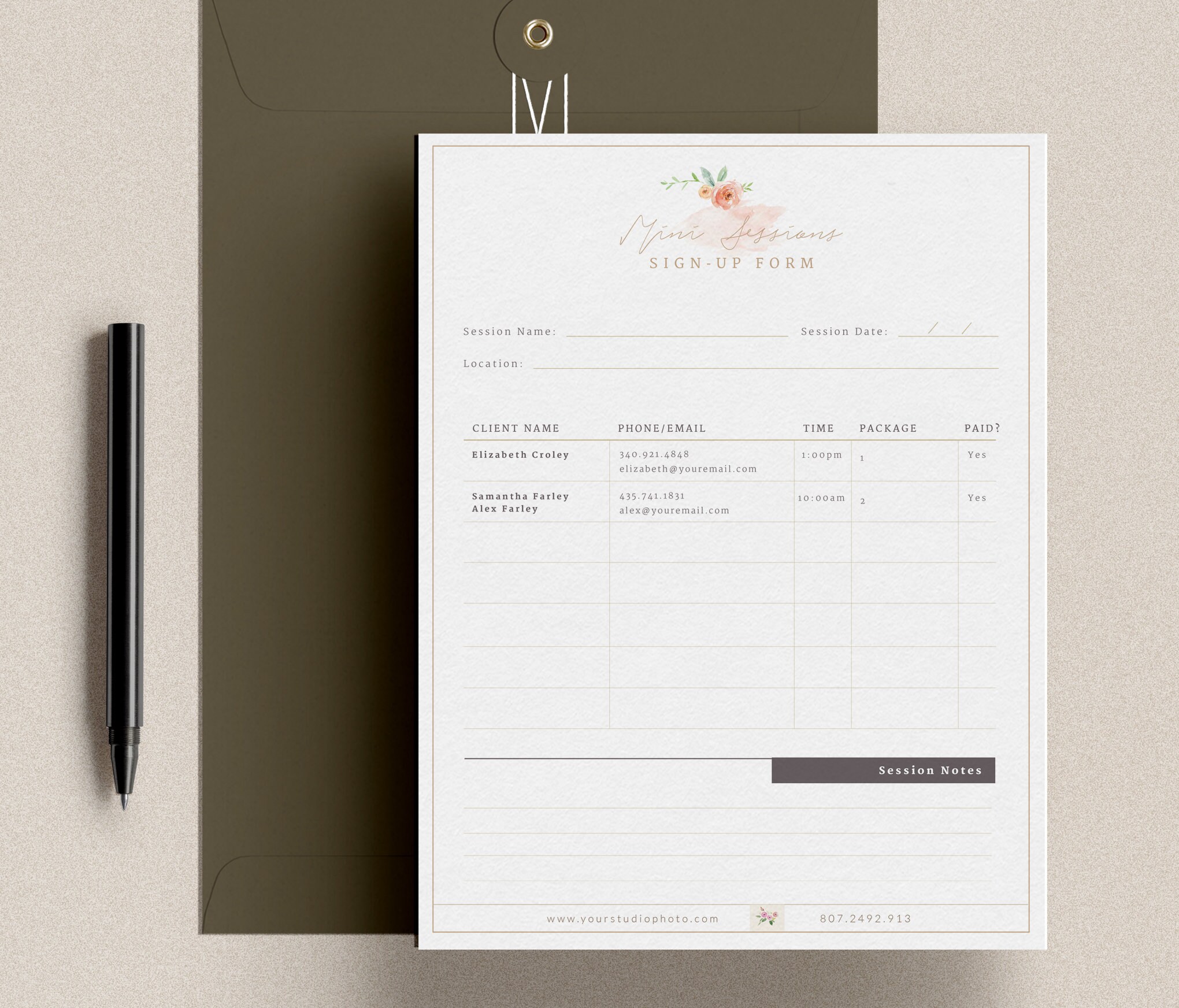 Sign-up Form for Photographers, Mini Session Signup Form, Photography ...