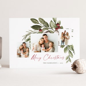 Modelo de cartão com foto de Natal de buquê floral, design de cartão com foto de feriado, Natal em aquarela, modelo de Photoshop, DOWNLOAD IMEDIATO!