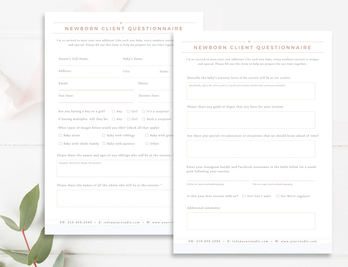 Newborn Session Questionnaire Pre-session Questionnaire | Etsy