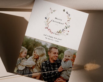 Watercolor Wreath Holiday Photo Card Template | Year in Review Christmas Card | Editable Canva & Photoshop Template