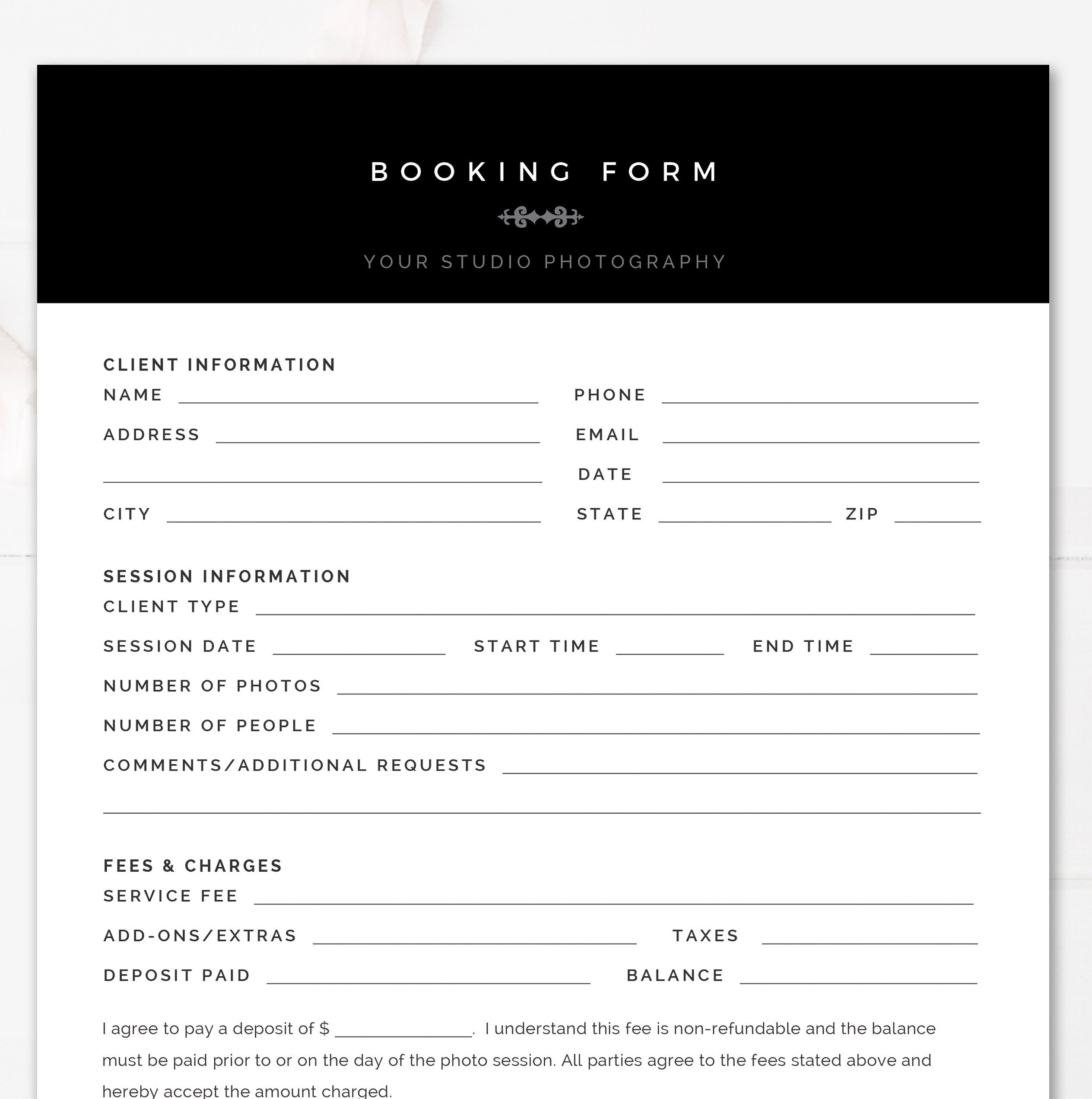 Photography Booking Form Template Photography Forms Client Booking Form 