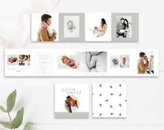 Newborn 3x3 Mini Album Template, Accordion Birth Announcement Template, Photoshop Mini Book for Photographers, Instant Download