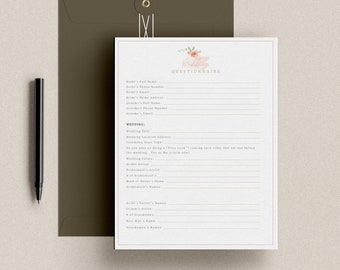 Editable Wedding Photography Questionnaire, Photographer Business Form, Photoshop Template, INSTANT DOWNLOAD!