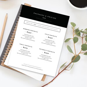 Modern photography pricing guide template editable in Canva