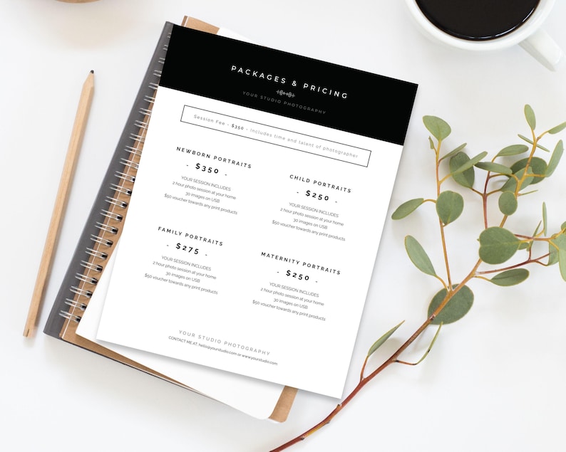 Modern photography pricing guide template editable in Canva